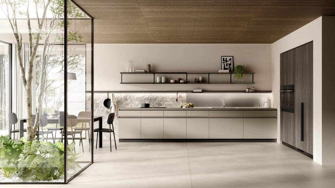 Cucina Moderna ad angolo Stilo 01 in decorativo Canapa e Noce Arabica di Scavolini