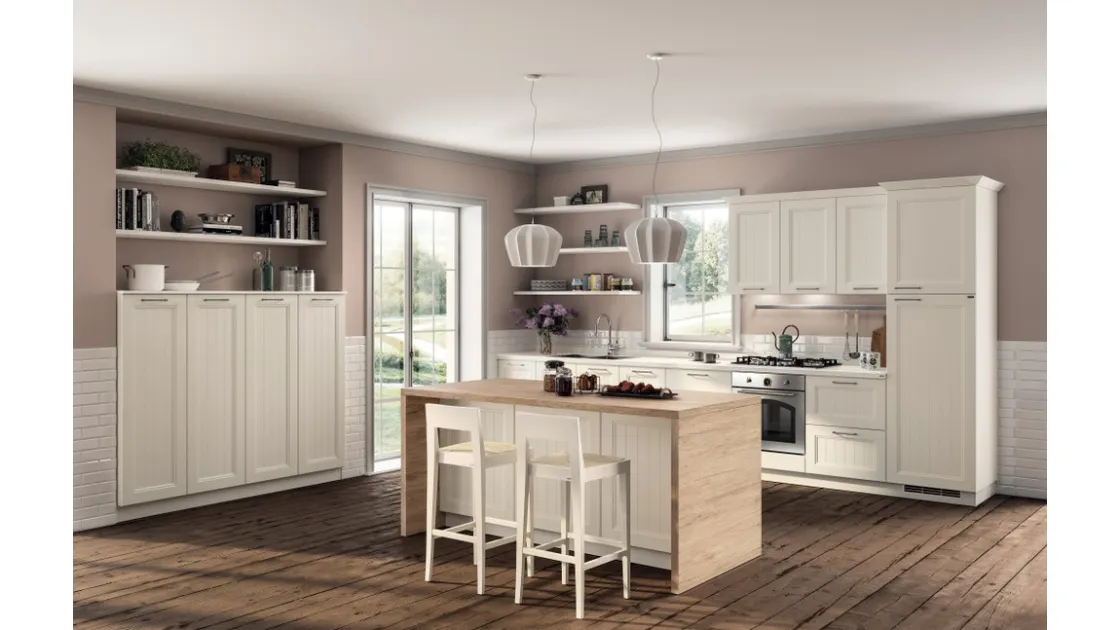 Cucina lineare Shabby Chic Colony in laccato Bianco opaco a doghe di Scavolini