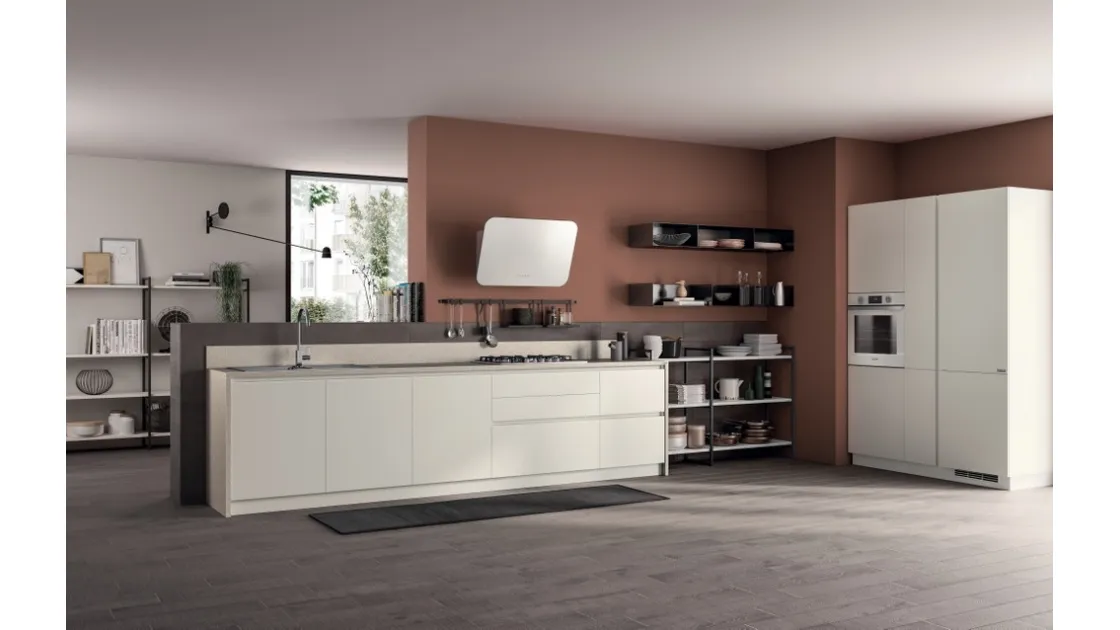 Cucina su misura Evolution in laccato Bianco opaco e Concrete Jersey di Scavolini