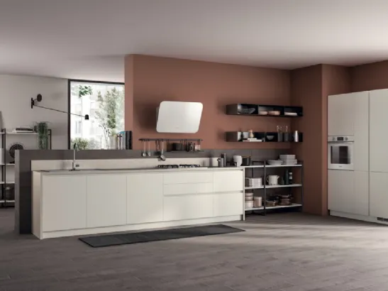 Cucina lineare su misura Evolution in laccato Bianco opaco e mensole in decorativo Concrete Jersey di Scavolini