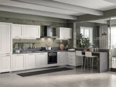 Cucina su misura angolare con penisola Family 02 in decorativo Larice Neve di Scavolini