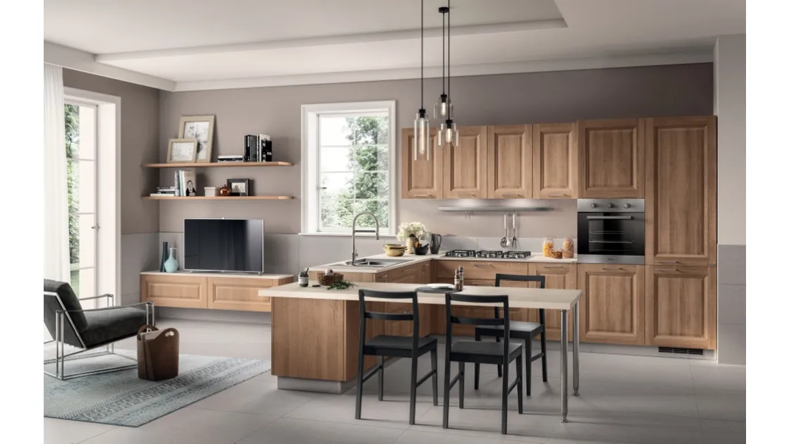 Cucina su misura angolare con penisola Family in decorativo Rovere Azteco di Scavolini