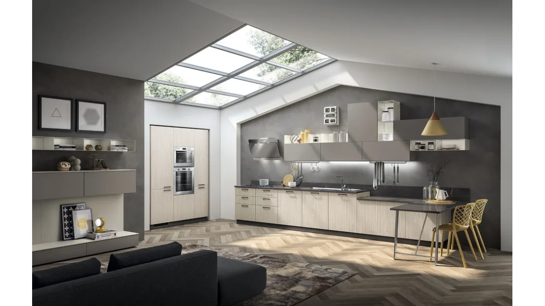 Cucina su misura ad angolo con penisola Sax in decorativo Noce Neutral e Polvere di Scavolini