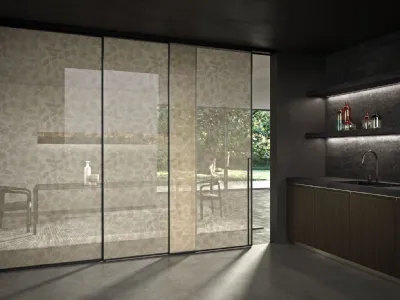 Porta per interni Manhattan Scorrevole Classic in vetro con decoro Arabesco e telaio in alluminio di Henry Glass