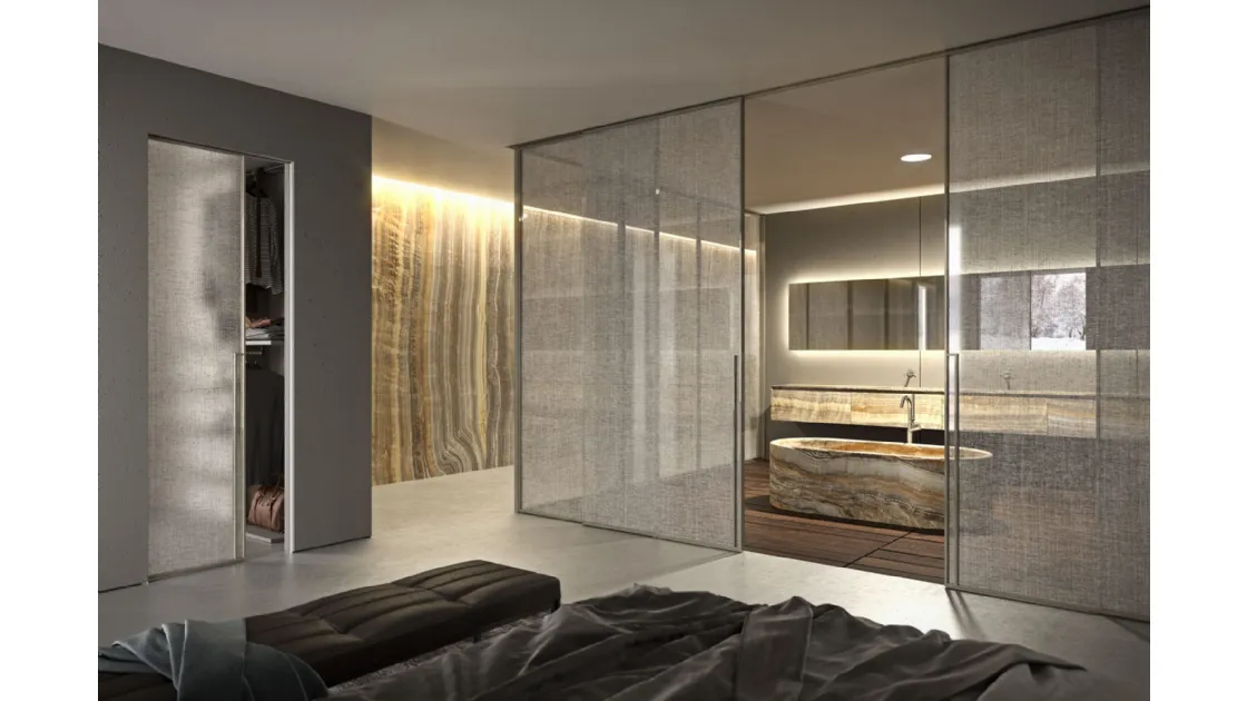 Porta per interni Manhattan Scorrevole in vetro trasparente decoro Lino con telaio in alluminio di Henry Glass